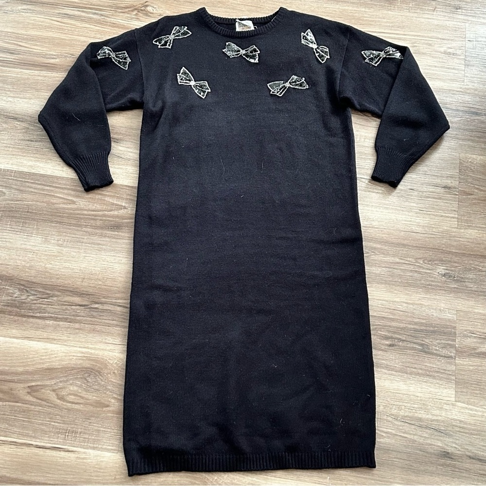 Darian Vintage Black Bow Sequence Knit Sweater Dress Women Size Small